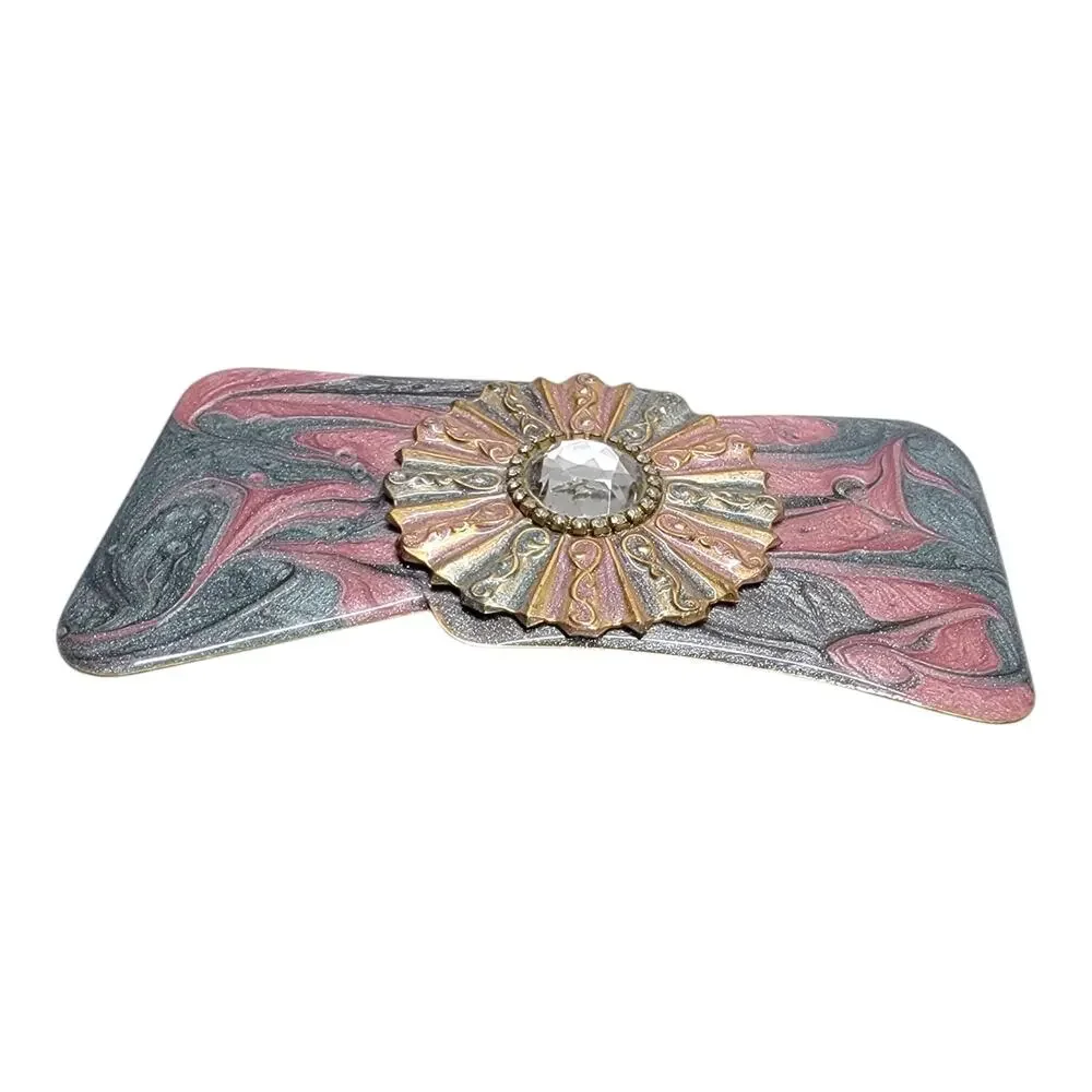 Vintage 80s Pink Grey Marbled Enamel Rhinestone Brass Statement Belt Buckle